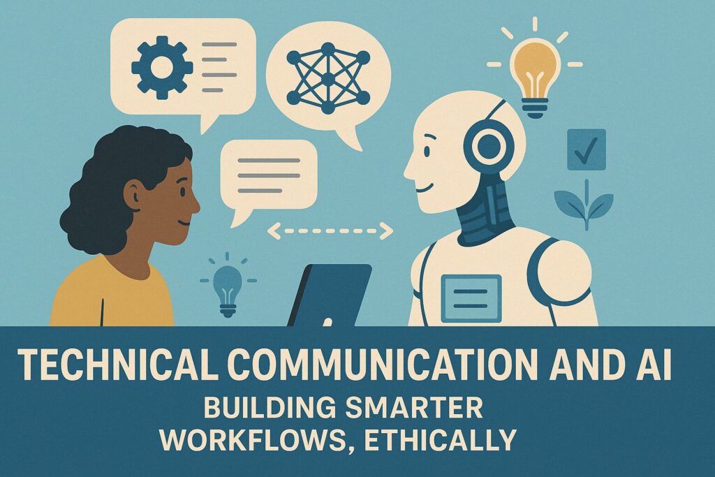 A young woman and a robot sharing ideas, published to "Technical Communication and AI: Building Smarter Workflows, Ethically"
