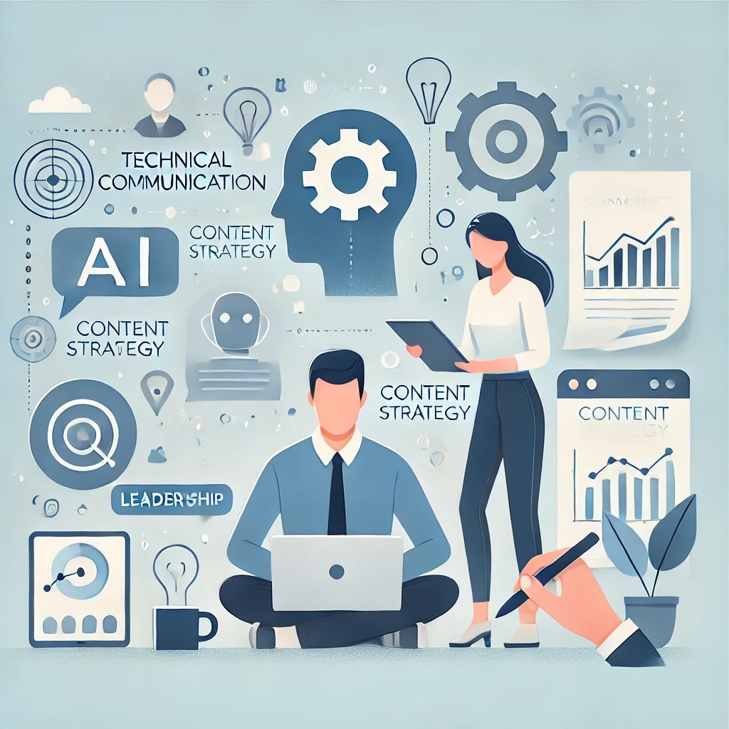 A modern, clean illustration representing the field of technical communication. Elements include a professional communicator working with AI tools, content strategy, and other elements.