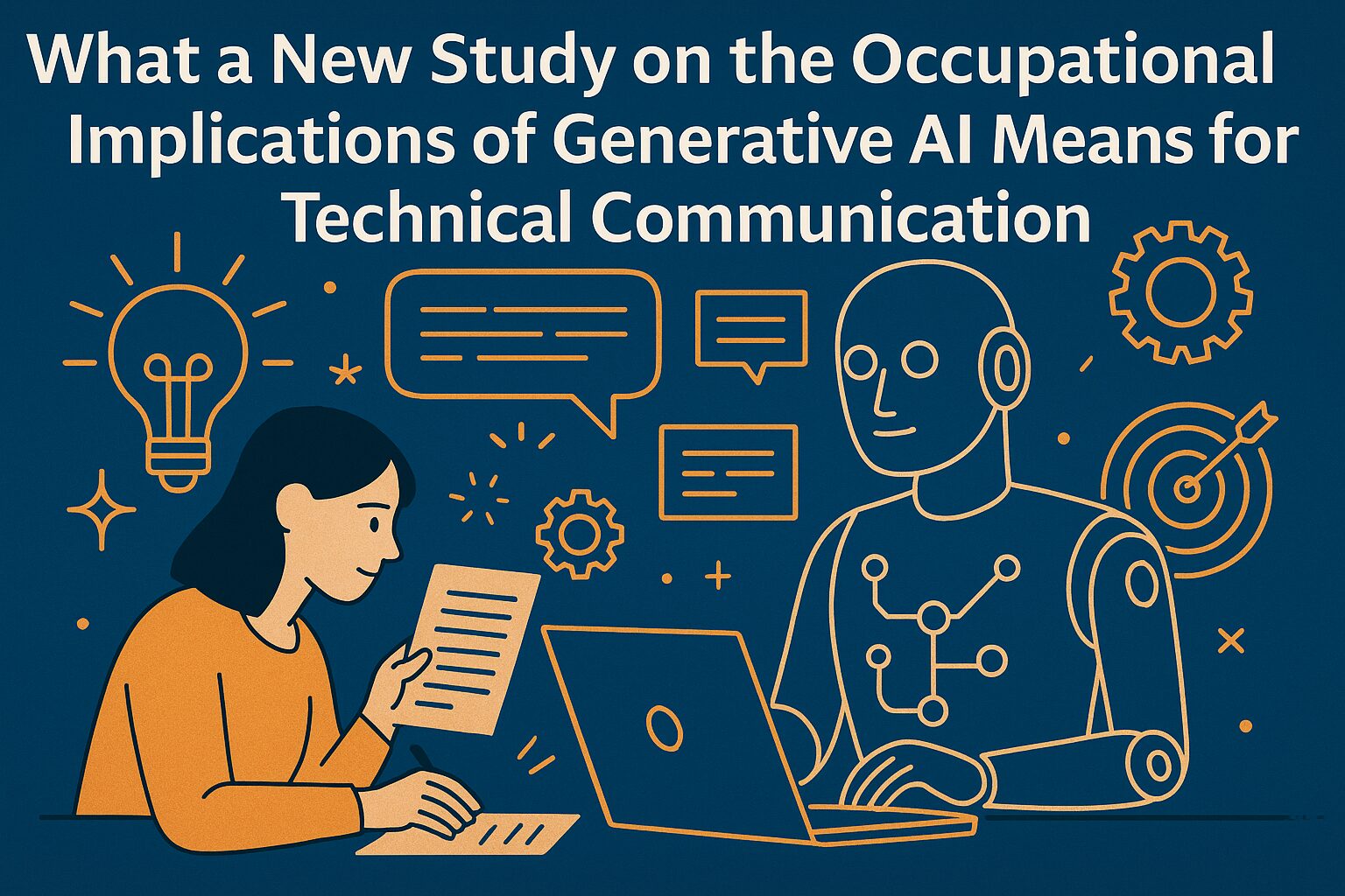 Illustration representing the occupational implications of generative AI for technical communication, showing a person and a robot collaborating on writing tasks
