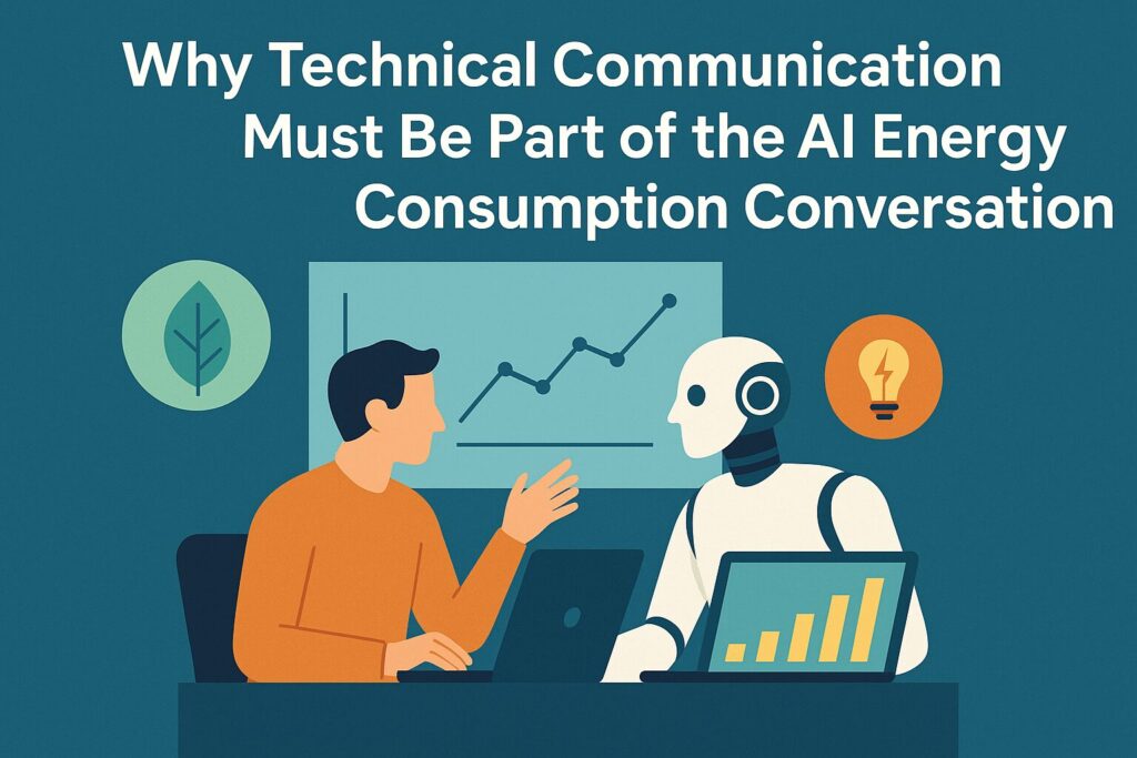 Illustration with title Why Technical Communication Must Be Part of the AI Energy Consumption Conversation, showing a human and robot discussing energy data.
