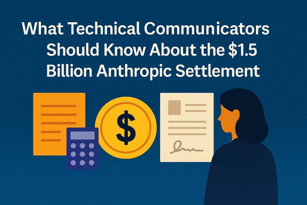Illustration with the title What Technical Communicators Should Know About the $1.5 Billion Anthropic Settlement, featuring financial and legal icons.