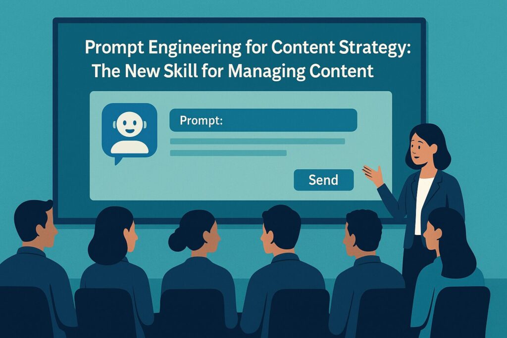 Illustration showing a group of professionals watching a presentation about prompt engineering for content strategy, with a large screen displaying a chatbot prompt interface