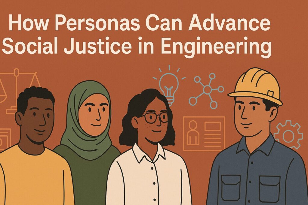 Wide-format illustration with the title How Personas Can Advance Social Justice in Engineering, showing diverse engineers collaborating under symbols of justice, design, and innovation.