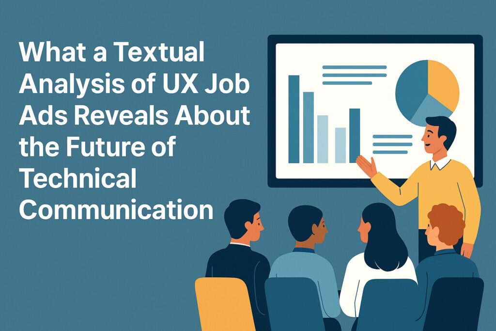 Illustration with the title What a Textual Analysis of UX Job Ads Reveals About the Future of Technical Communication, showing a presenter explaining charts to a group.
