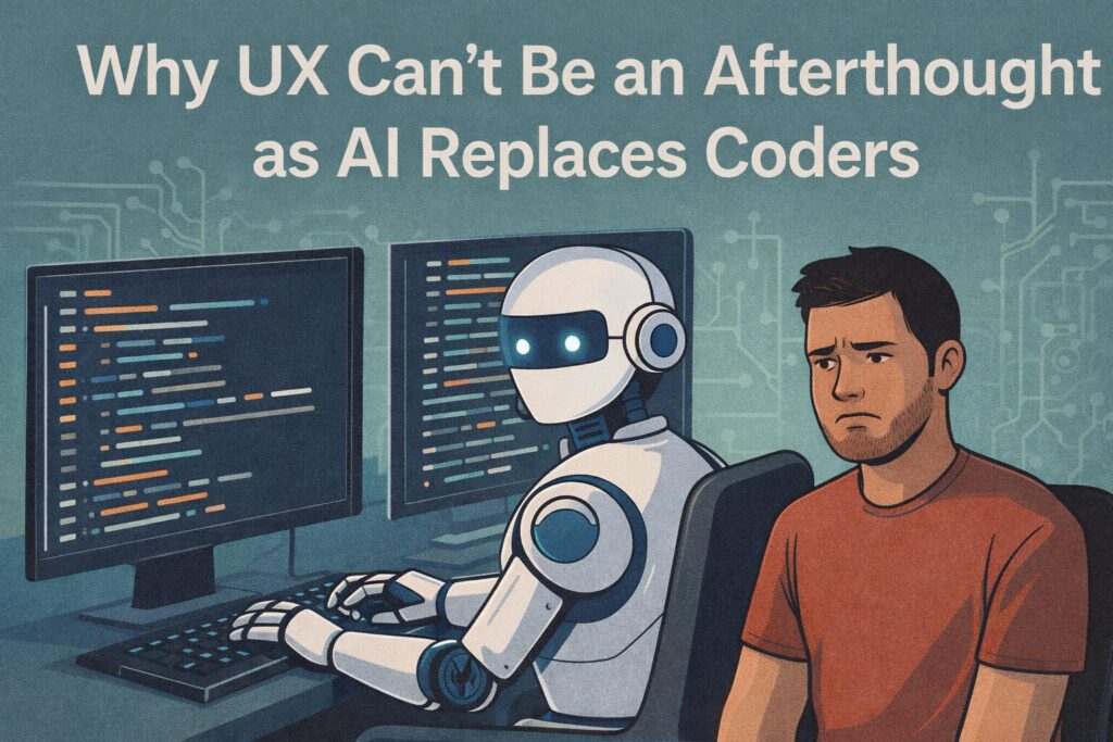 A wide-format illustration titled Why UX Can’t Be an Afterthought as AI Replaces Coders showing a robot generating code at a workstation while a displaced human coder looks on unhappily.