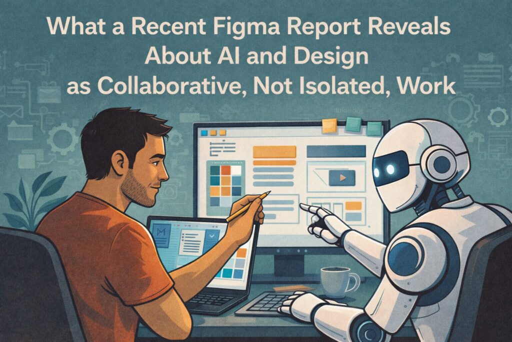 Wide-format illustration titled What a Recent Figma Report Reveals About AI and Design as Collaborative, Not Isolated, Work, showing a designer and a robot collaborating on a shared design interface