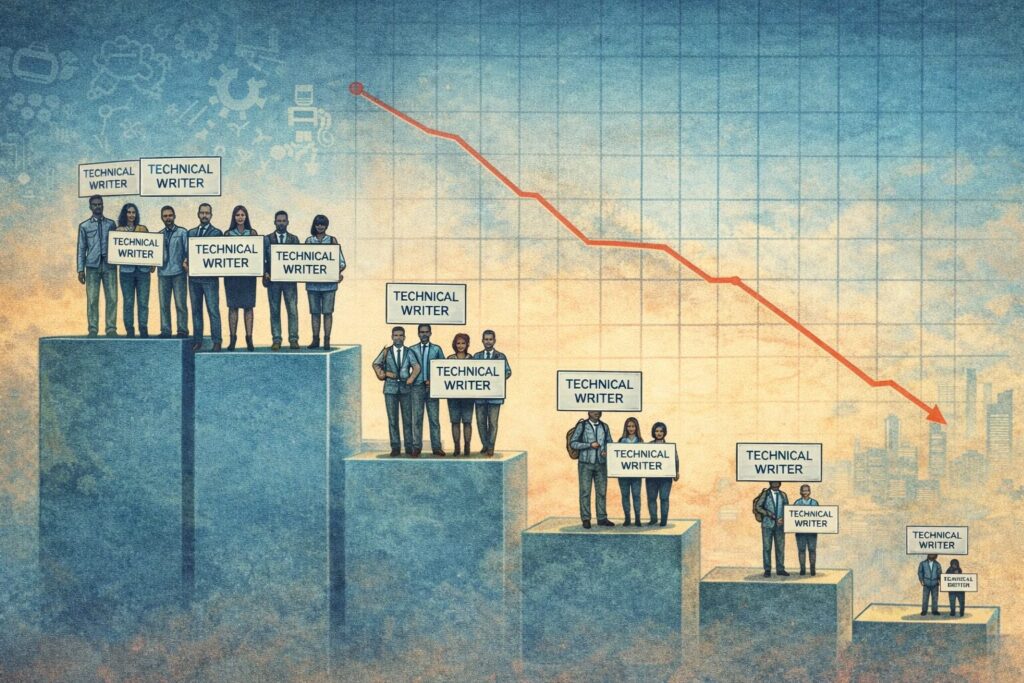 Wide-format illustration for a post on AI impact on technical writing, showing technical writing job icons shrinking while AI symbols remain prominent.