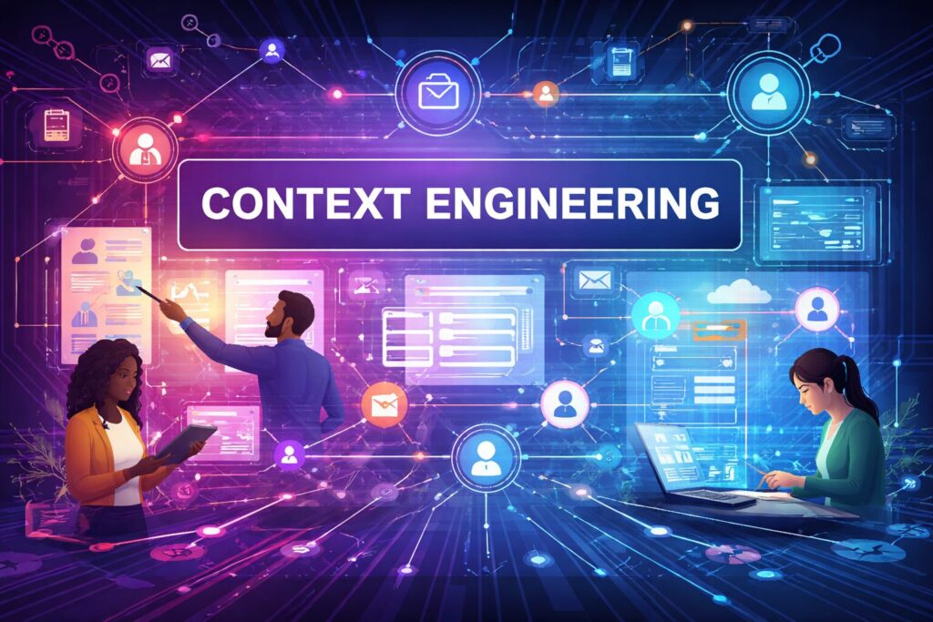 Wide-format illustration representing context engineering, showing multiple people organizing and connecting information across digital interfaces to guide AI-driven workflows and decisions.