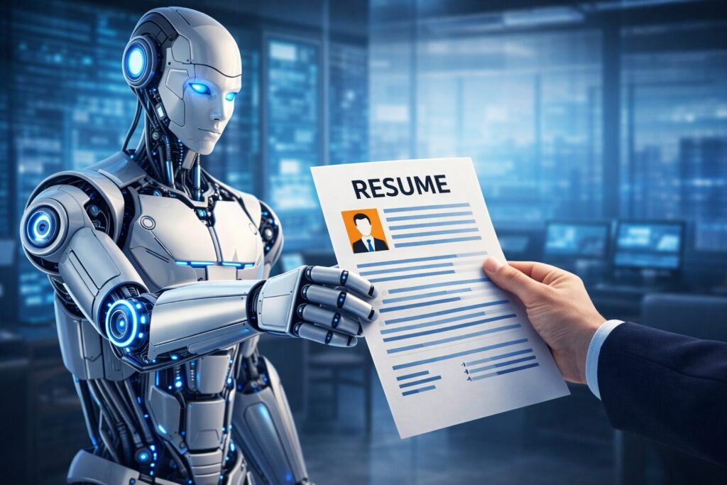Wide illustration of a humanoid robot in a futuristic office handing a resume to a human recruiter, representing using AI for resumes and automated hiring workflows.