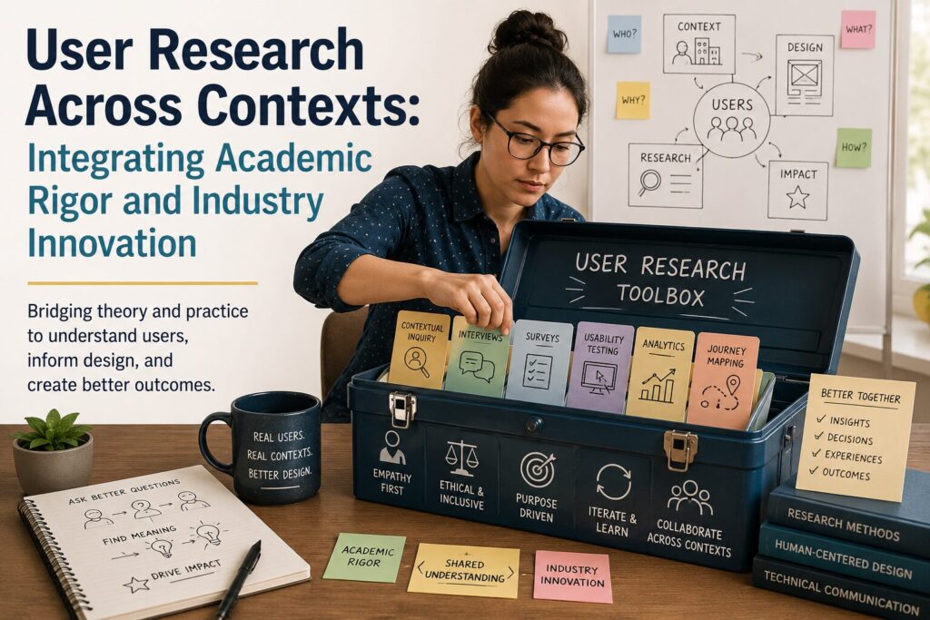 Wide promotional image for “User Research Across Contexts: Integrating Academic Rigor and Industry Innovation,” showing a researcher selecting user research method cards from a toolbox, including contextual inquiry, interviews, surveys, usability testing, analytics, and journey mapping, with notes and diagrams about users, context, design, and impact in the background.