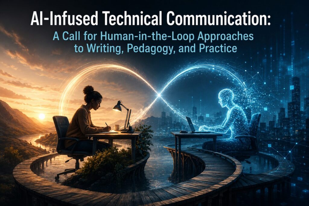 Wide cinematic image for “AI-Infused Technical Communication: A Call for Human-in-the-Loop Approaches to Writing, Pedagogy, and Practice,” showing a human writer and a glowing AI figure working across from each other, connected by a luminous loop that represents collaboration between human judgment and AI capability.