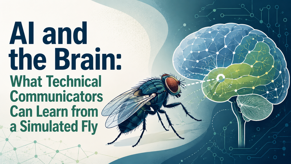 Illustration of a simulated fly facing a stylized brain connected by neural and circuit-like pathways, alongside the title “AI and the Brain: What Technical Communicators Can Learn from a Simulated Fly.”