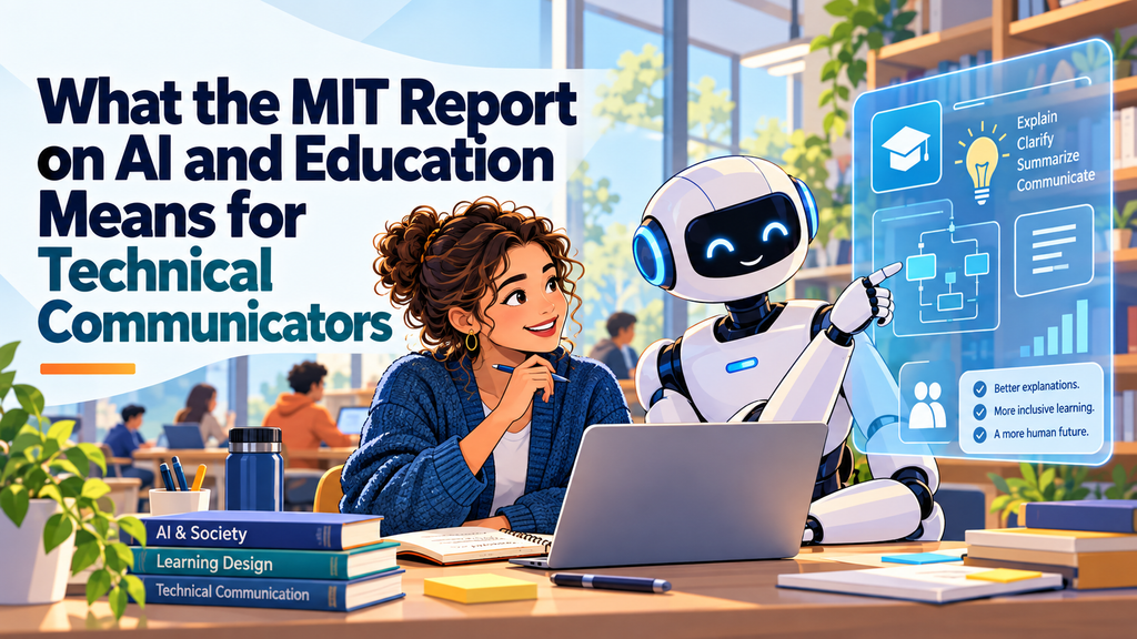 Cartoon illustration of a college student and a friendly robot working together at a laptop, with educational AI graphics and the title “What the MIT Report on AI and Education Means for Technical Communicators.”
