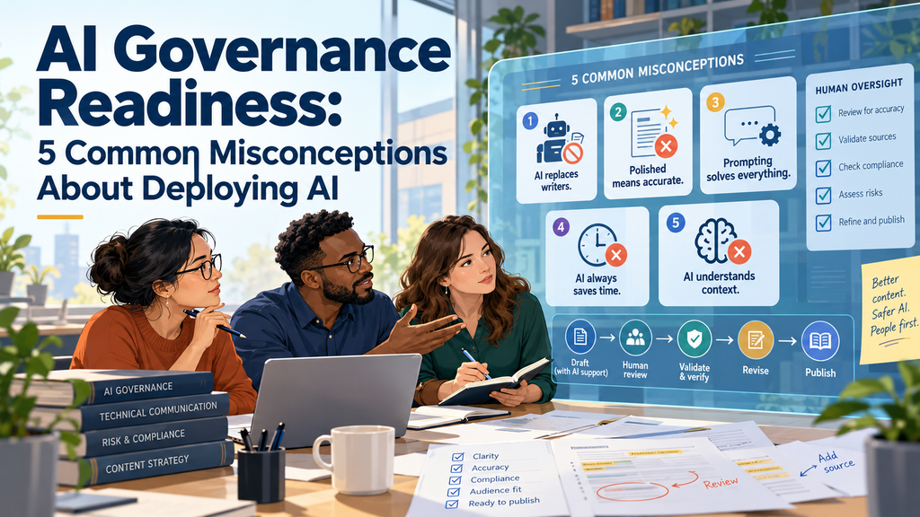 Wide illustrated banner showing three technical communicators reviewing an AI governance dashboard titled “AI Governance Readiness: 5 Common Misconceptions About Deploying AI,” with icons for common misconceptions, a human-oversight checklist, and a workflow from drafting to publishing.